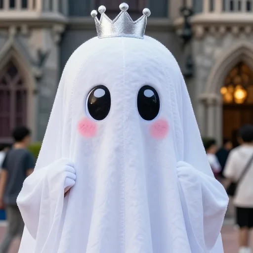 Boo, a translucent ghost girl mascot with a tiny crown, peeking bashfully from behind her sleeves