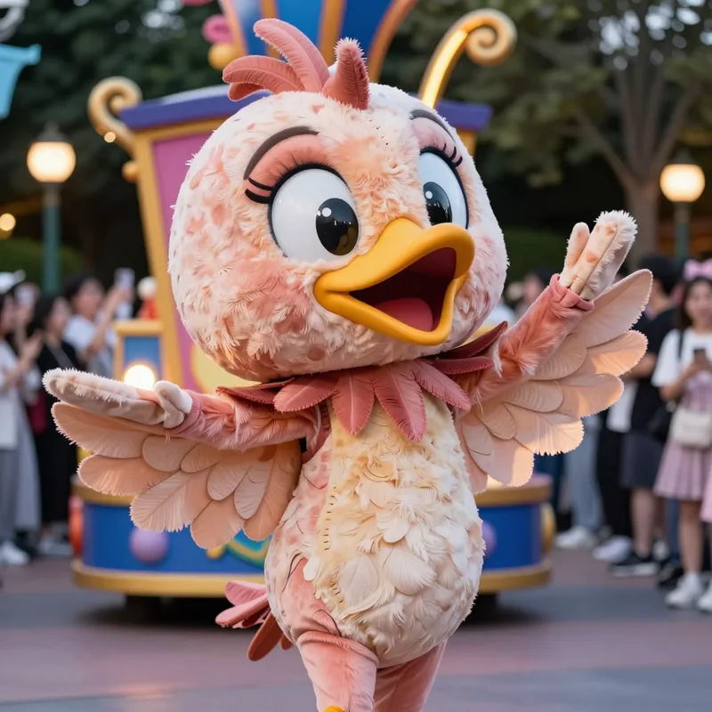 Calliope, a songbird girl mascot with feathered wing sleeves, mid-song in front of a parade float