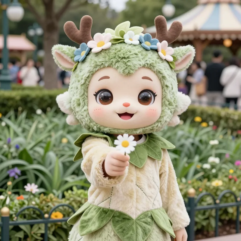 Clover, a faun girl mascot with tiny antlers and a flower crown, holding out a daisy
