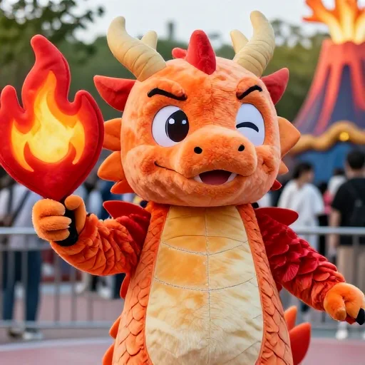 Ember, a dragon girl mascot with small horns and wings, winking with a heart-shaped flame above her palm