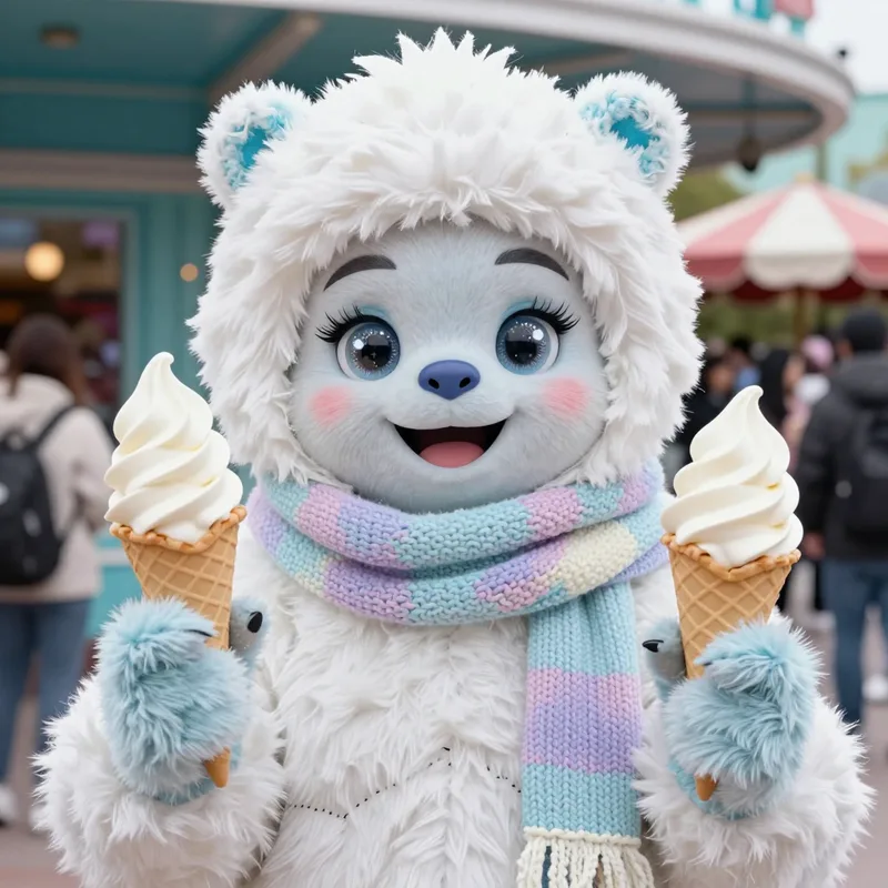 Glacia, a fluffy yeti girl mascot in white plush with a pastel scarf, holding two swirled ice cream cones