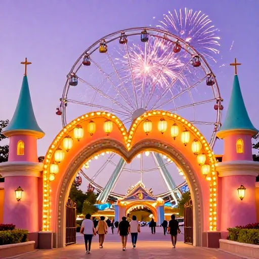 The heart-shaped front gates of Smittenland at dusk, with castle spires and a ferris wheel behind them