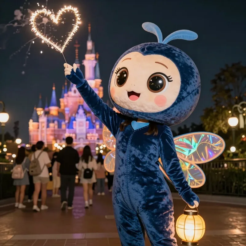 Lumen, a firefly girl mascot with iridescent wings and a glowing lantern tail, reaching toward heart-shaped fireworks