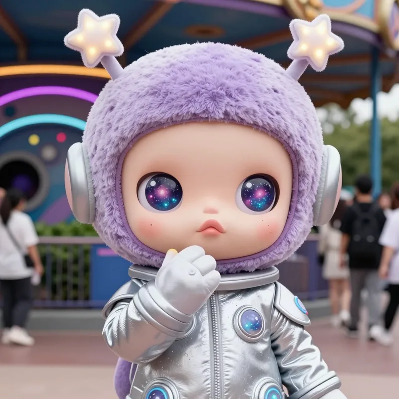Nova, an alien girl mascot in a silver spacesuit with a fuzzy lavender hood and star-tipped antennae, galaxy-swirl eyes wide