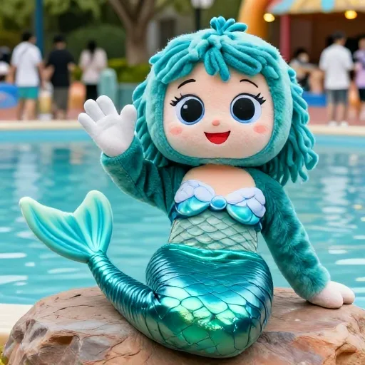 Pearl, a mermaid girl mascot with a teal tail, lounging on a rock and waving