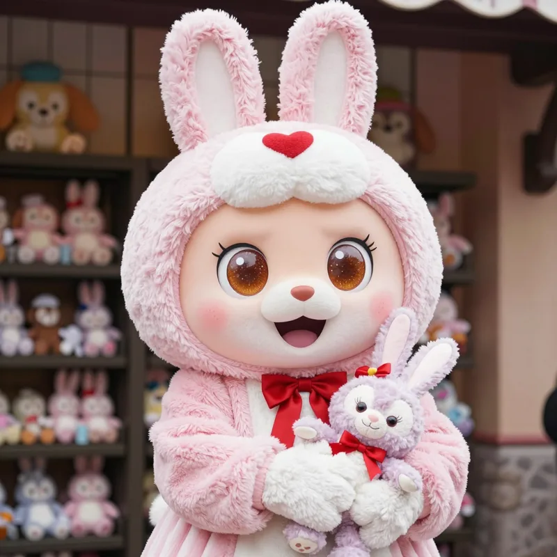Poppy, a bunny girl mascot with long floppy ears, hugging a small plush doll of herself in a gift shop