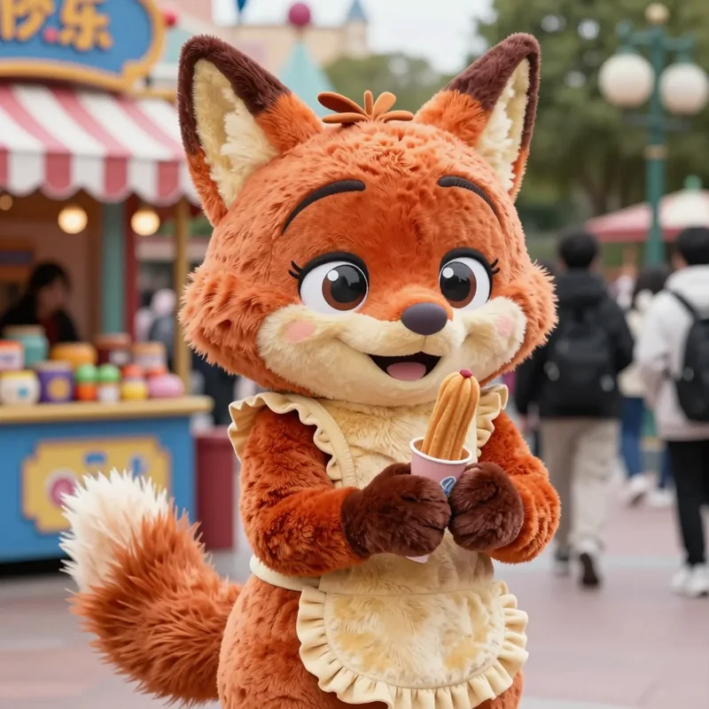 Saffron, a fox girl mascot in a plush costume with a fluffy tail, winking and holding up a churro
