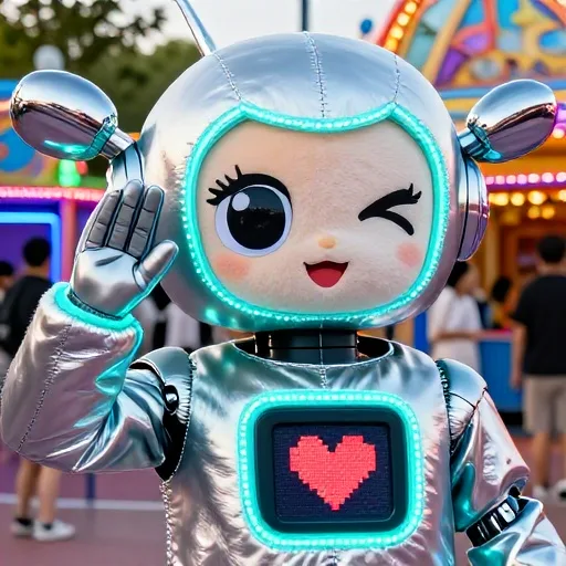 Volta, a robot girl mascot with chrome twin-tails and a pixel heart on her chest screen, saluting