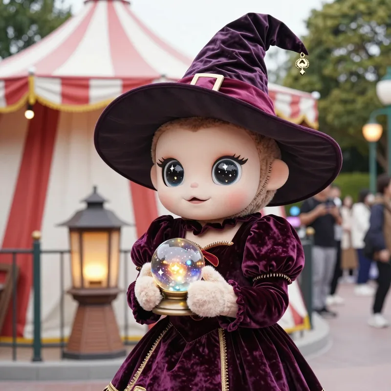 Wilhelmina, a witch girl mascot in a plum dress and wide hat, cradling a glowing crystal ball